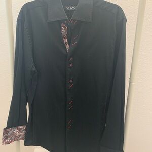 VIA UOMO Black Dress Shirt with Red Paisley Cuff Collar Accents
